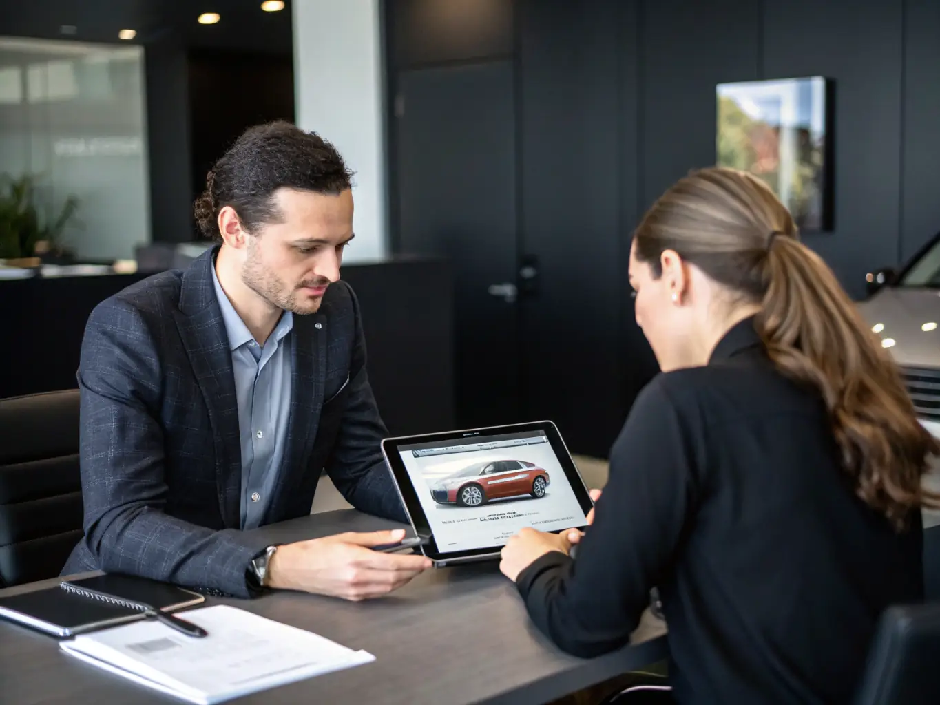 A professional finance manager is sitting at his desk, reviewing loan documents with a customer in a modern AutoElite dealership office. The scene is well-lit and conveys trust and expertise.