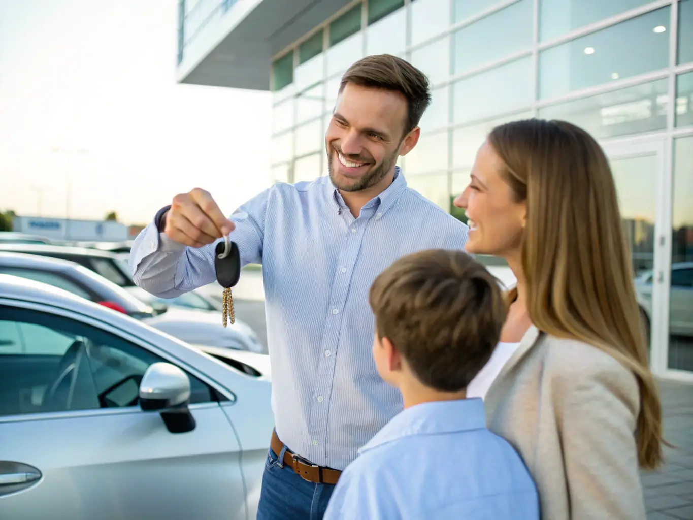 A family is happily receiving the keys to their new SUV from an AutoElite representative. The scene is set in front of the dealership, with a focus on the joy of car ownership.